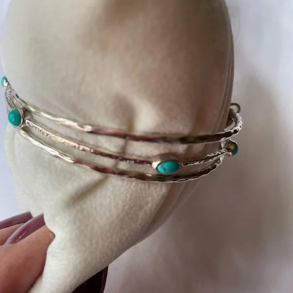 Stella & Dot Siver and Turquoise Bangle Bracelet Set - Picture 3 of 4